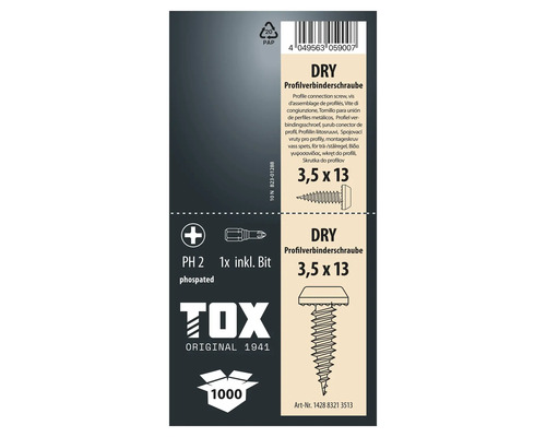TOX DRY profilskruv 3,5 x 13 mm, 1000 stycken inklusive bits, fosfaterad