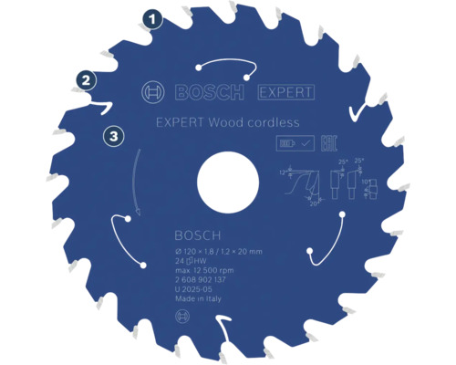 Cirkelsågklinga Bosch Expert Wood cordless med 120 millimeters diameter och 24 tänder för batteridrivna cirkelsågar.