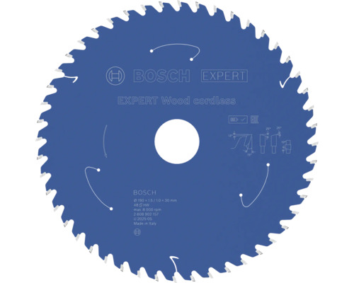 Bosch Expert Wood cordless cirkelsågklinga med 190 millimeters diameter och 48 hårdmetalltänder för batteridrivna cirkelsågar.