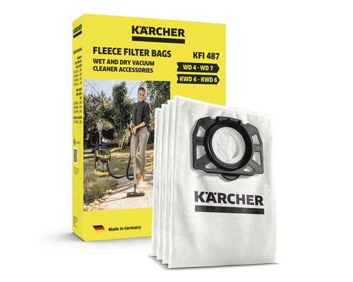 Kärcher filterpåsar i fleece KFI 487 set för Kärcher våt och torrdammsugare i serierna WD 4 till WD 7 samt KWD 4 till KWD 6 i förpackning.