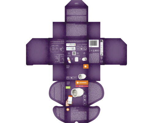 Utvikt förpackning för smart vägguttagsadapter Ledvance Smart Plus Zigbee med tekniska specifikationer och symboler.
