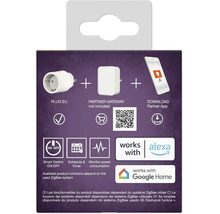 Smart kontakt med ZigBee teknik, kompatibel med Amazon Alexa och Google Home för appstyrning och övervakning av energiförbrukning.