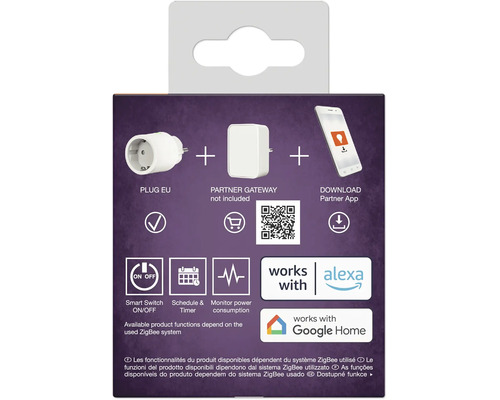Smart kontakt med ZigBee teknik, kompatibel med Amazon Alexa och Google Home för appstyrning och övervakning av energiförbrukning.