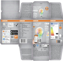 Produktförpackning för Osram Smart Filament Classic A 40 E27 LED-lampa med Matter-teknik, RGBW och appstyrning.