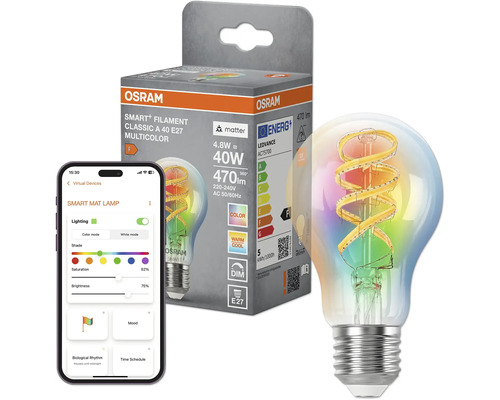 Osram Smart Plus Filament LED lampa E27 med multifärgfunktion och Matter standard inklusive appstyrning och produktförpackning
