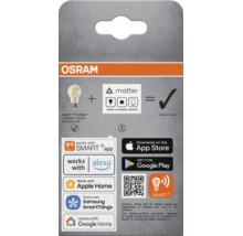 OSRAM SMART Plus Filament Classic A E27 LED lampa med Matter stöd och smart hem integration för röststyrning och app hantering.