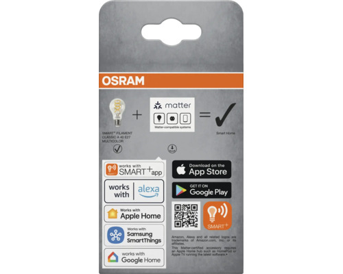 OSRAM SMART Plus Filament Classic A E27 LED lampa med Matter stöd och smart hem integration för röststyrning och app hantering.