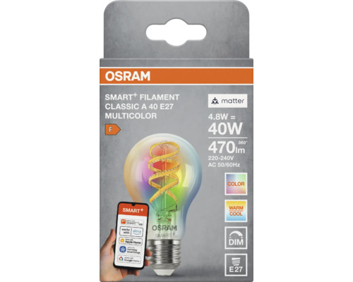 Osram Smart Plus filament LED lampa Classic A E27 4,8 watt 470 lumen flerfärgad smart styrning för smarta hem system i produktförpackning