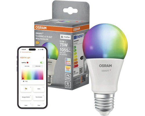 Osram Smart Plus LED lampa E27 med multifunktion i förpackning med smartphone app visning