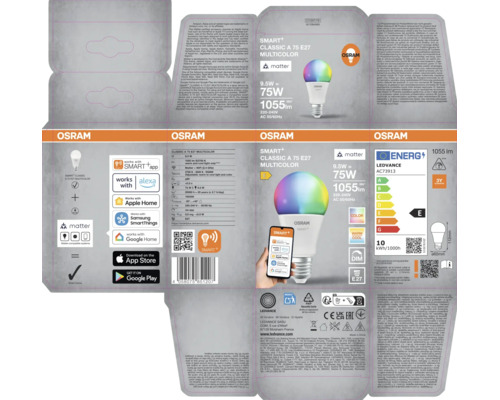 Osram Smart Plus Classic A75 E27 Multicolor LED lampa 9,5 Watt med Matter standard, 1055 lumen, dimbar, styrbar via app och smart hem system.