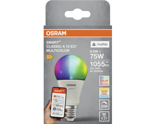 Osram Smart Plus LED lampa Classic A 75 E27, 9,5 watt, flerfärgad, dimbar, kompatibel med röststyrning och app, i förpackning