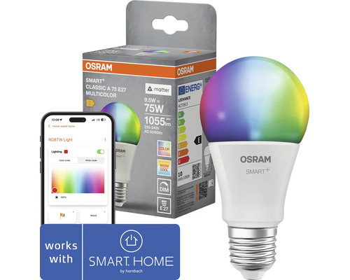 Osram Smart Plus LED-lampa E27 med förpackning och smartphone-styrning kompatibel med Hornbach Smart Home
