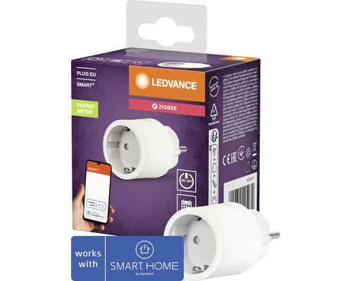 Ledvance Smart Plus Zigbee uttag med energimätning i förpackning med smartphone display och Hornbach Smart Home logotyp.