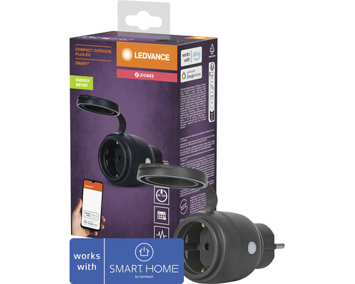 Ledvance Smart Plus kompakt utomhusuttagsadapter med Zigbee teknik och energimätning för smart hemstyrning.