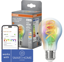 Osram Smart Plus filament LED lampa E27 med multifunktion i förpackning bredvid smartphone med kontrollapp och Hornbach Smart Home logotyp