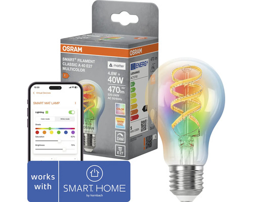 Osram Smart Plus filament LED lampa E27 med multifunktion i förpackning bredvid smartphone med kontrollapp och Hornbach Smart Home logotyp