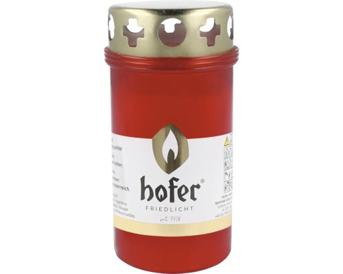 Hofer Friedlicht gravljus i röd plasthölje med guldliknande metallock och logotyptryck.