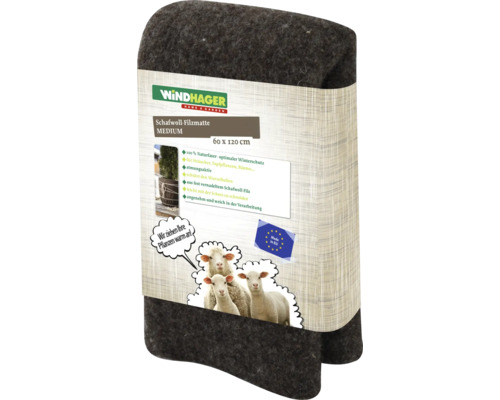 Windhager fårullsfiltmatta Medium 60 x 120 cm som vinterskydd för växter av naturlig fårull i produktförpackning.
