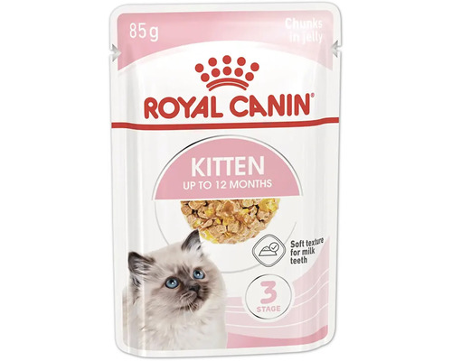 Royal Canin Kitten våtfoder för kattungar upp till tolv månader i en portionspåse på 85 gram med bitar i gelé.
