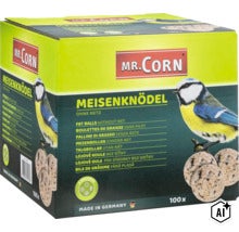 Kartong med 100 talgbollar utan nät från Mr. Corn som fågelmat för alla årstider (Image AI modified or generated)