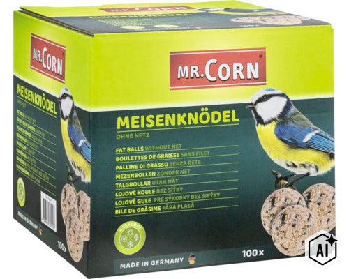 Kartong med 100 talgbollar utan nät från Mr. Corn som fågelmat för alla årstider (Image AI modified or generated)