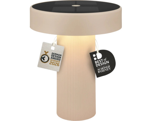 Modern solcellsled bordslampa med räfflad pelare och solpanel på toppen, belönad med designpriser.
