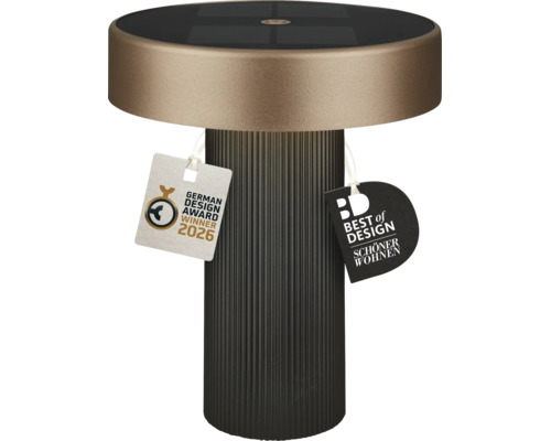 Modern utomhuslampa med solpanel och räfflad bas inklusive utmärkelserna German Design Award Winner 2026 och Best of Design
