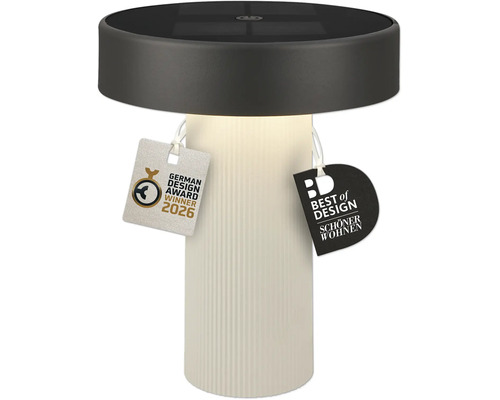 Modern solcellsdriven bordslampa i LED med räfflad fot och utmärkelser som German Design Award Winner 2026 och Best of Design Schöner Wohnen