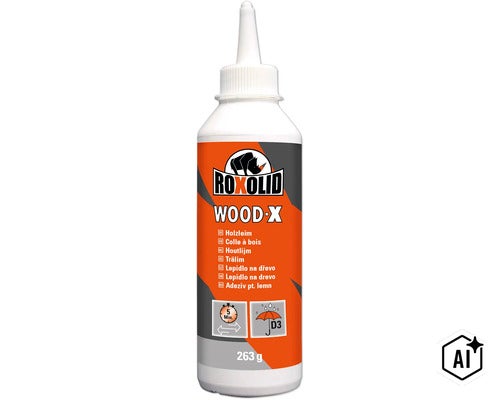 Roxolid Wood-X trälim i en 263 gram flaska med applikatorspets, vattenbeständigt enligt D3 standard och 5 minuter bearbetningstid. (Image AI modified or generated)