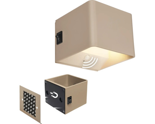 Fyrkantig vägglampa med rörelsesensor, strömbrytare och magnetisk monteringsplatta med självhäftande remsa.