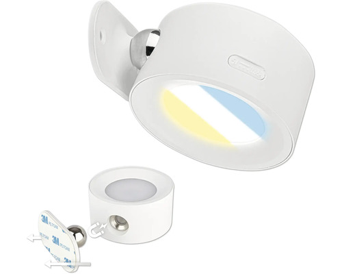 Vägglampa med kulled och självhäftande montering för flexibel justering.