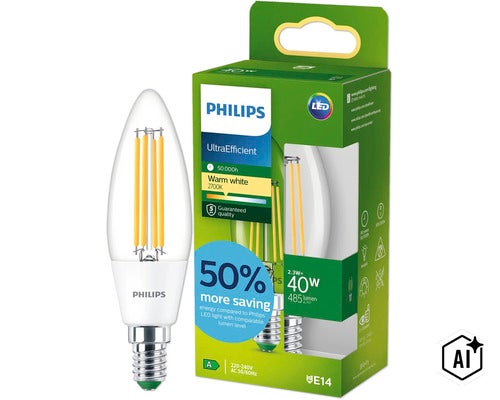Philips LED kronljus E14 2,3 watt, 485 lumen, varmvit 2700 Kelvin, UltraEfficient filamentlampa (Image AI modified or generated)