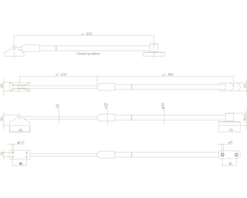 Teknisk ritning av en fönsterluckhållare med måttangivelser