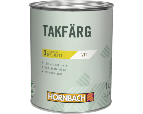 En burk Hornbach takfärg i helmatt vitt med en volym på en liter.