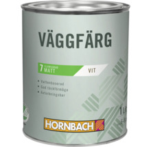 En burk Hornbach väggfärg i matt med en liter innehåll och EU Ecolabel certifiering.