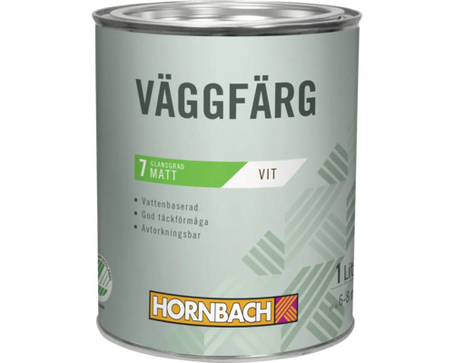 En burk Hornbach väggfärg i matt med en liter innehåll och EU Ecolabel certifiering.