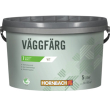 En hink med 5 liter matt väggfärg, vattenbaserad, med god täckförmåga och Hornbach logo.