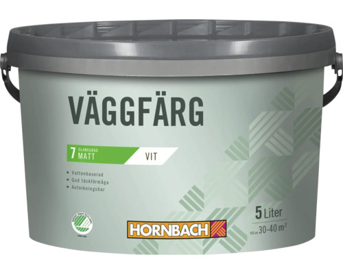 En hink med 5 liter matt väggfärg, vattenbaserad, med god täckförmåga och Hornbach logo.