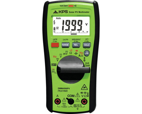 KPS Solar PV multimeter DMM4500PV för precisa elektriska mätningar på solcellsanläggningar med digital display och vridomkopplare.