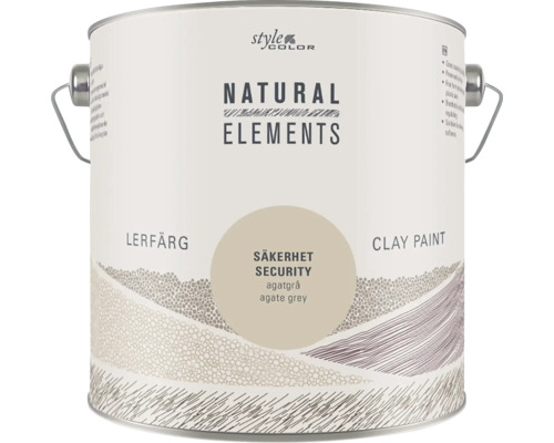 En burk StyleColor Natural Elements lerfärg i nyansen agatgrå för inomhusbruk.
