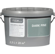En hink StyleColor väggfärg i nyansen Dark Pine med 2,5 liter innehåll för cirka 20 kvadratmeter yta.
