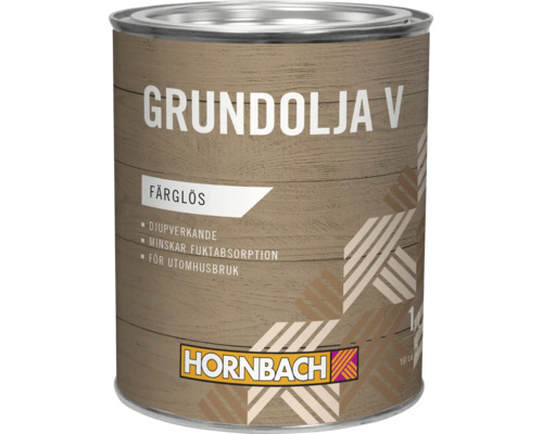En burk grundolja V för utomhusbehandling av trä, djuppenetrerande och fukthämmande, från Hornbach.
