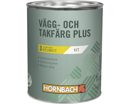 En burk Hornbach vägg- och takfärg Plus, vattenbaserad dispersionsfärg, helmatt, innehåll 1 liter.