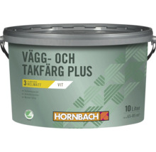 Vägg- och takfärg Plus från Hornbach i en 10 liters hink, vattenbaserad färg för inomhusbruk med helmatt glansgrad.