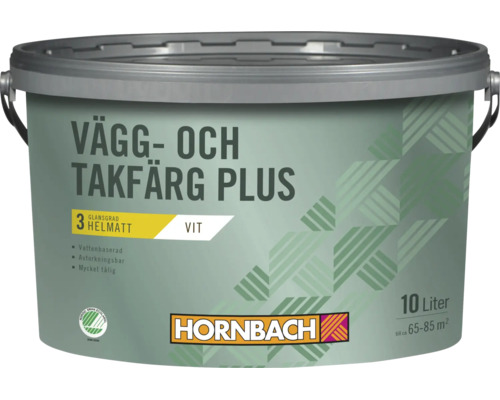 Vägg- och takfärg Plus från Hornbach i en 10 liters hink, vattenbaserad färg för inomhusbruk med helmatt glansgrad.