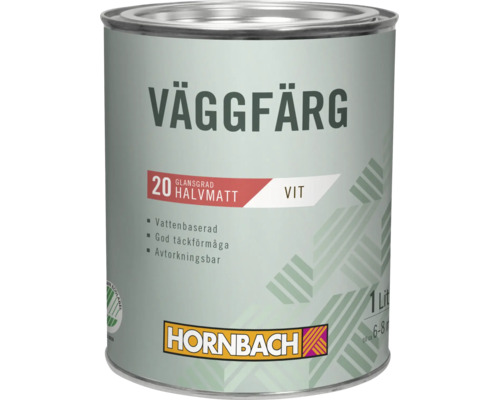En burk med vit väggfärg från Hornbach med en volym på en liter och halvmatta glansgrad