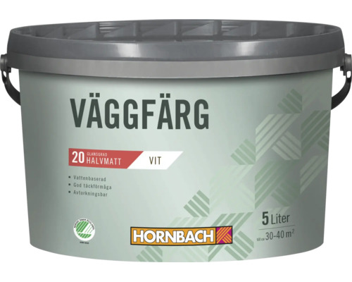 HORNBACH väggfärg vit, halvblank, 5 liters hink för cirka 30 till 40 kvadratmeter med miljömärket Svanen.