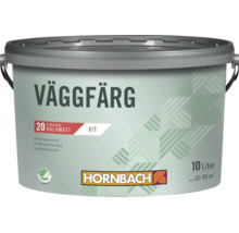 En hink med 10 liter halvmatt väggfärg i vitt från Hornbach med Nordic Swan Ecolabel för 60 till 80 kvadratmeter yta.