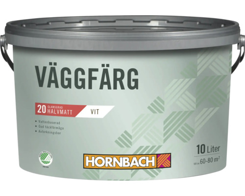 En hink med 10 liter halvmatt väggfärg i vitt från Hornbach med Nordic Swan Ecolabel för 60 till 80 kvadratmeter yta.