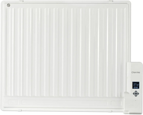 Elektrisk platt radiator med Otermo logotyp och digital termostat för väggmontering